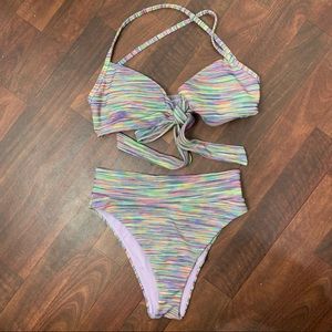 Aerie multi color 2 piece bikini High Waisted Cut bottom Scoop tie top